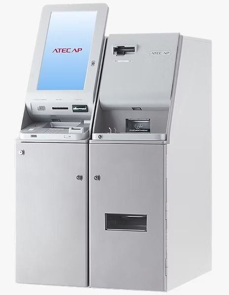 Automate bancaire gris à deux modules, avec grand écran vertical et lecteur de carte